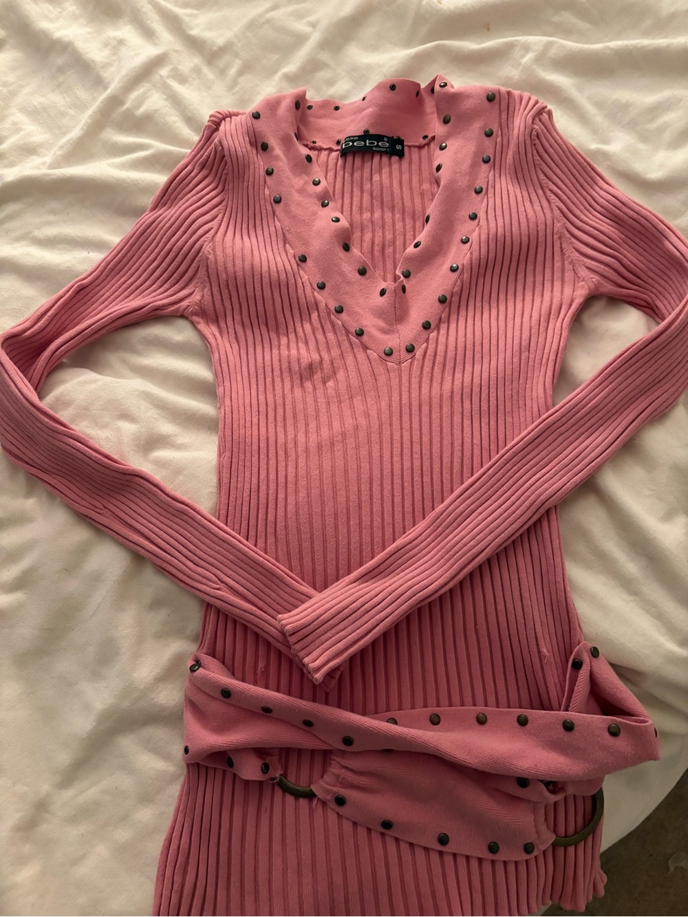 bebe Pink Ribbed V-Neck Studded Sweater Dress